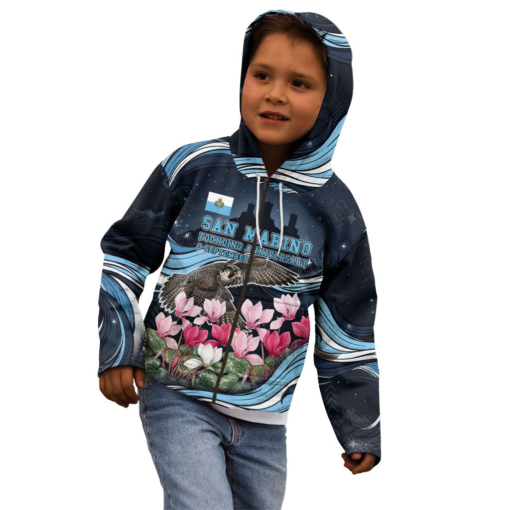San Marino Founding Anniversary Kid Hoodie Freedom Peregrine Falcon - Cyclamen Flowers Towers Flag