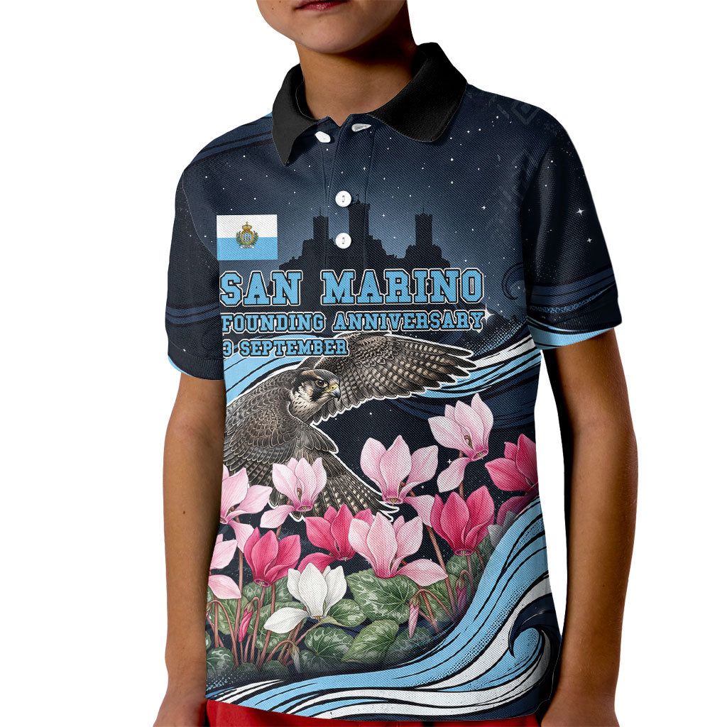 San Marino Founding Anniversary Kid Polo Shirt Freedom Peregrine Falcon - Cyclamen Flowers Towers Flag