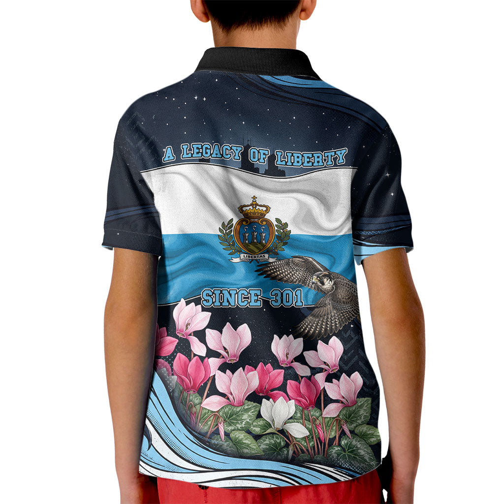 San Marino Founding Anniversary Kid Polo Shirt Freedom Peregrine Falcon - Cyclamen Flowers Towers Flag