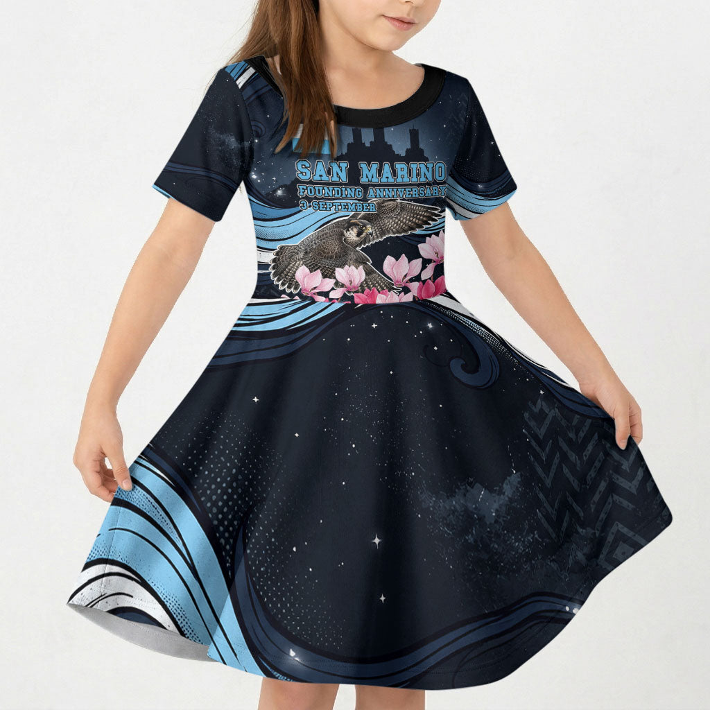 San Marino Founding Anniversary Kid Short Sleeve Dress Freedom Peregrine Falcon - Cyclamen Flowers Towers Flag