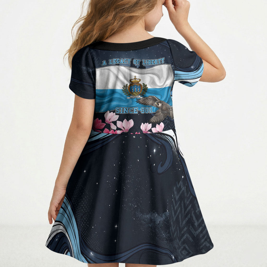 San Marino Founding Anniversary Kid Short Sleeve Dress Freedom Peregrine Falcon - Cyclamen Flowers Towers Flag