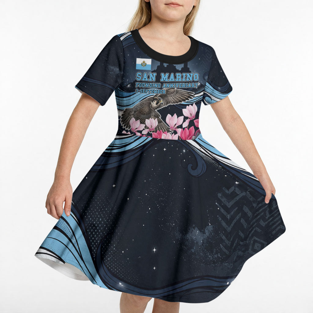 San Marino Founding Anniversary Kid Short Sleeve Dress Freedom Peregrine Falcon - Cyclamen Flowers Towers Flag
