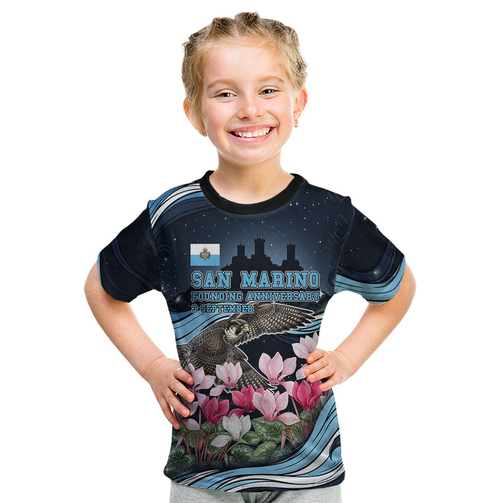San Marino Founding Anniversary Kid T Shirt Freedom Peregrine Falcon - Cyclamen Flowers Towers Flag