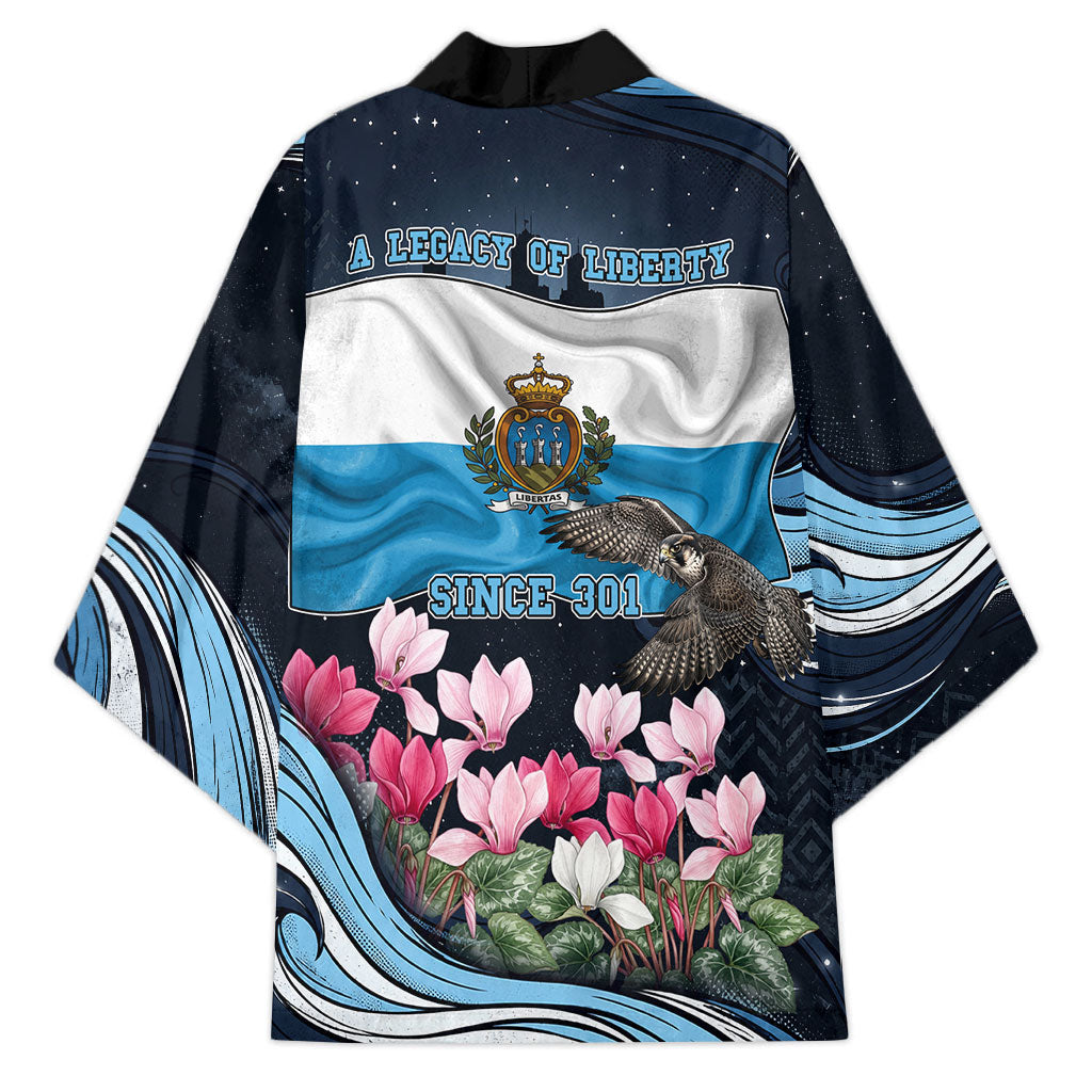 San Marino Founding Anniversary Kimono Freedom Peregrine Falcon - Cyclamen Flowers Towers Flag