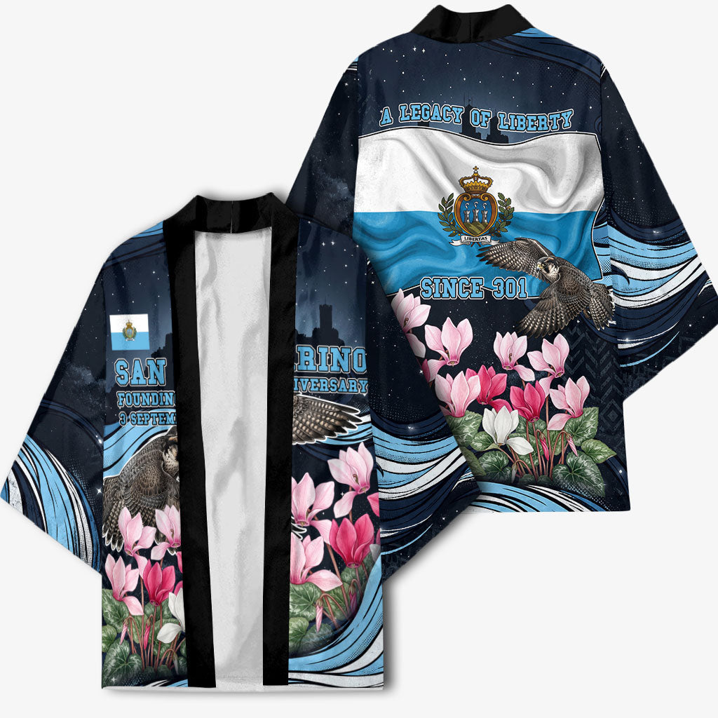San Marino Founding Anniversary Kimono Freedom Peregrine Falcon - Cyclamen Flowers Towers Flag