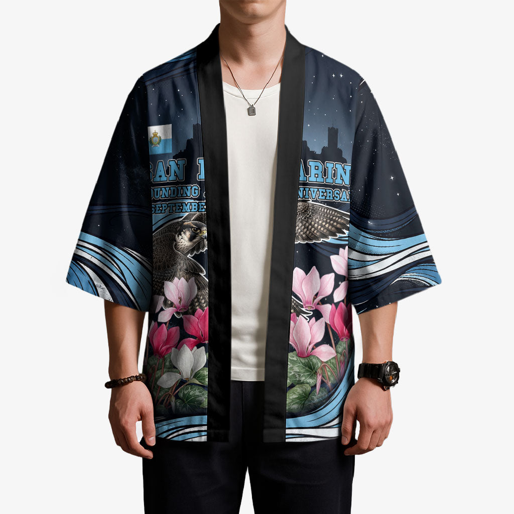 San Marino Founding Anniversary Kimono Freedom Peregrine Falcon - Cyclamen Flowers Towers Flag