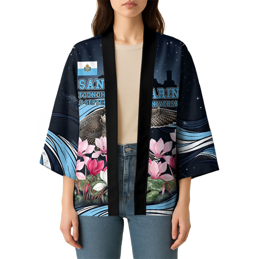 San Marino Founding Anniversary Kimono Freedom Peregrine Falcon - Cyclamen Flowers Towers Flag