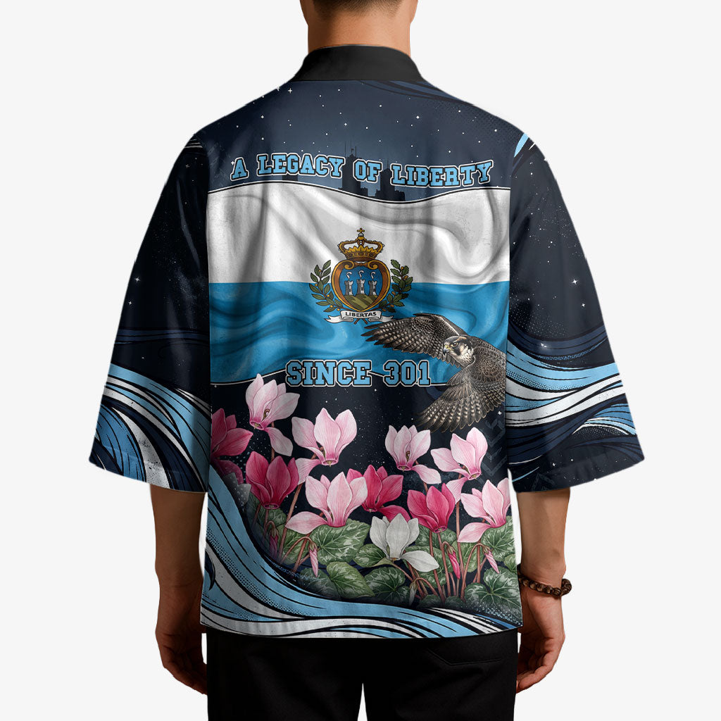 San Marino Founding Anniversary Kimono Freedom Peregrine Falcon - Cyclamen Flowers Towers Flag