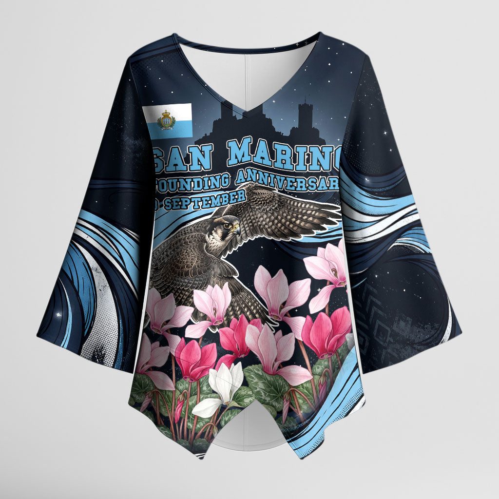 San Marino Founding Anniversary Kimono Sleeve Blouse Freedom Peregrine Falcon - Cyclamen Flowers Towers Flag