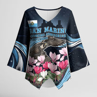 San Marino Founding Anniversary Kimono Sleeve Blouse Freedom Peregrine Falcon - Cyclamen Flowers Towers Flag