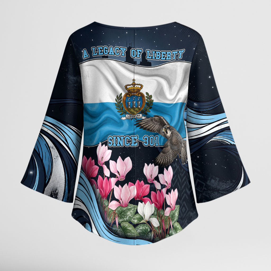 San Marino Founding Anniversary Kimono Sleeve Blouse Freedom Peregrine Falcon - Cyclamen Flowers Towers Flag