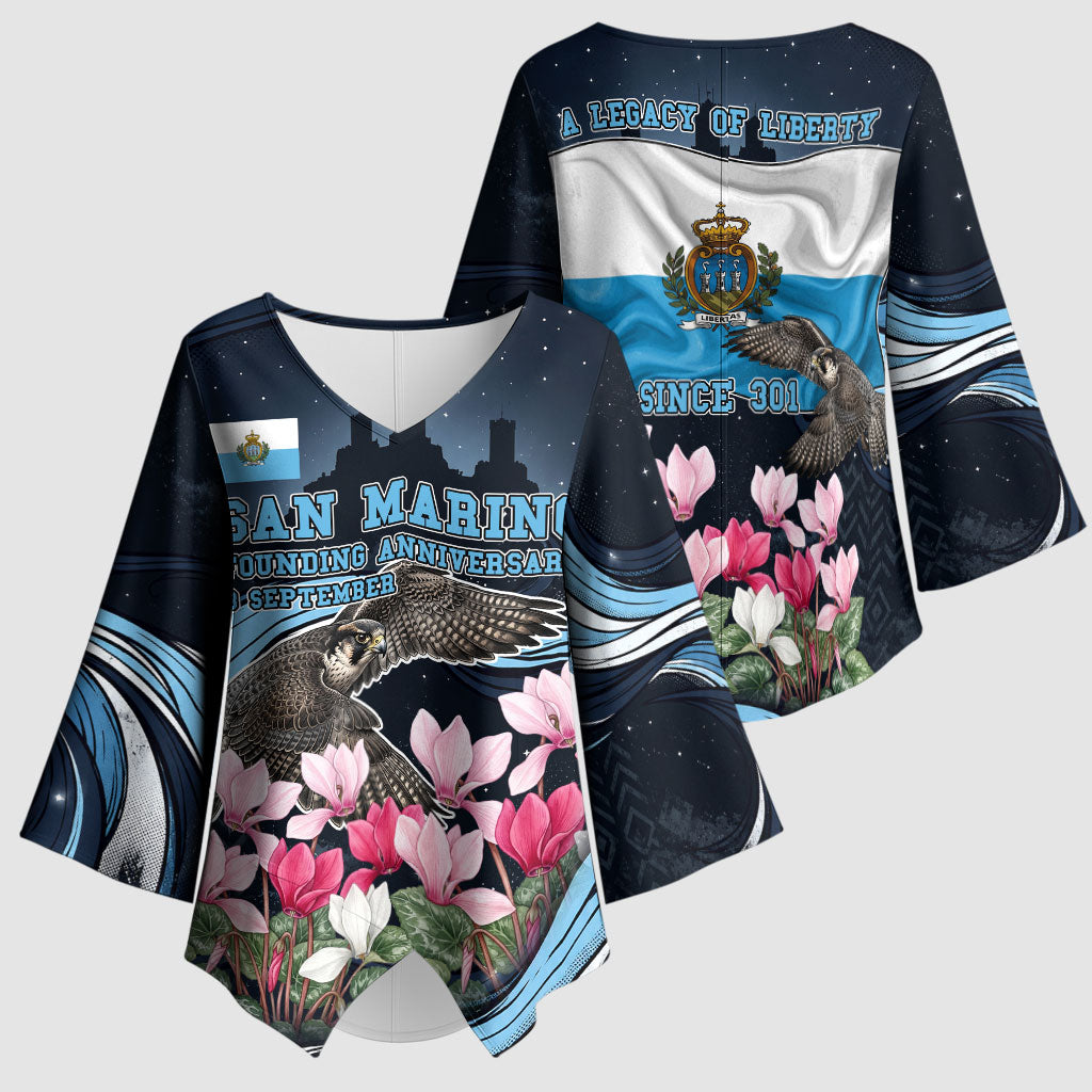 San Marino Founding Anniversary Kimono Sleeve Blouse Freedom Peregrine Falcon - Cyclamen Flowers Towers Flag