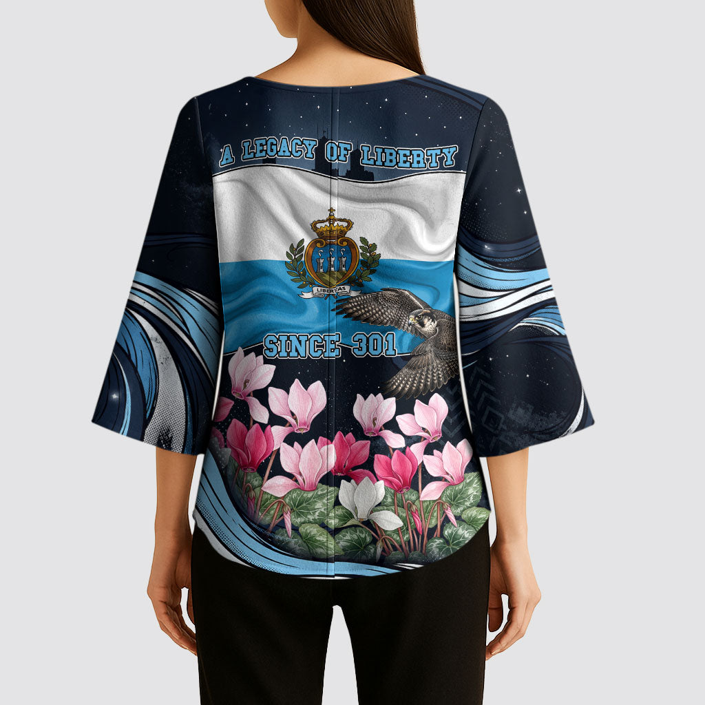 San Marino Founding Anniversary Kimono Sleeve Blouse Freedom Peregrine Falcon - Cyclamen Flowers Towers Flag