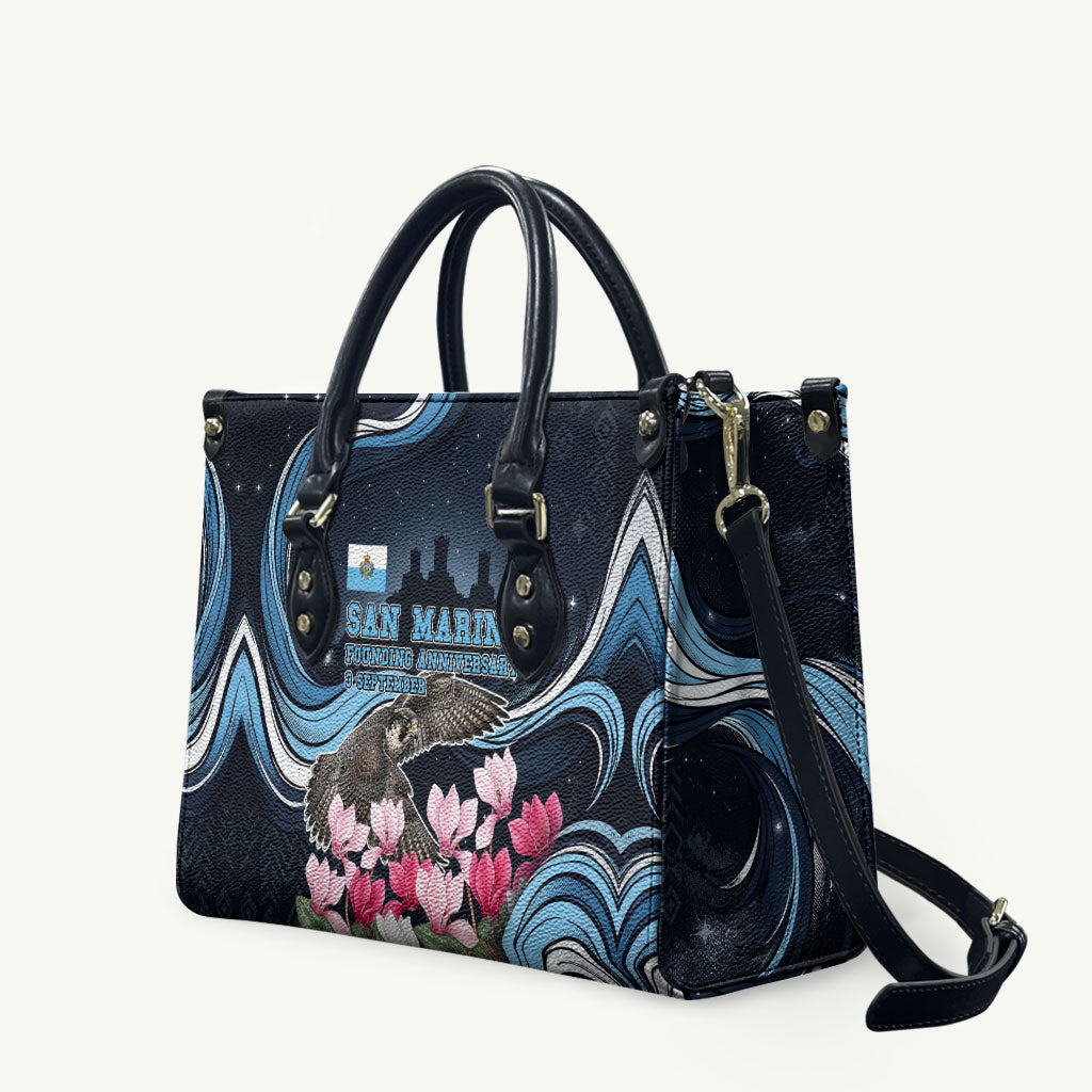 San Marino Founding Anniversary Leather Bag Freedom Peregrine Falcon - Cyclamen Flowers Towers Flag
