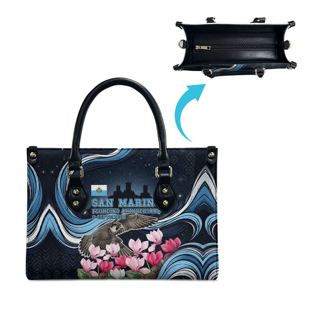 San Marino Founding Anniversary Leather Bag Freedom Peregrine Falcon - Cyclamen Flowers Towers Flag
