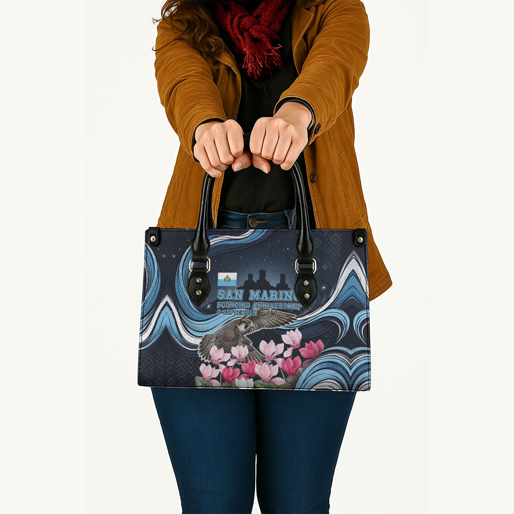 San Marino Founding Anniversary Leather Bag Freedom Peregrine Falcon - Cyclamen Flowers Towers Flag