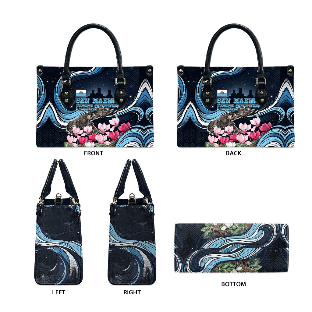 San Marino Founding Anniversary Leather Bag Freedom Peregrine Falcon - Cyclamen Flowers Towers Flag