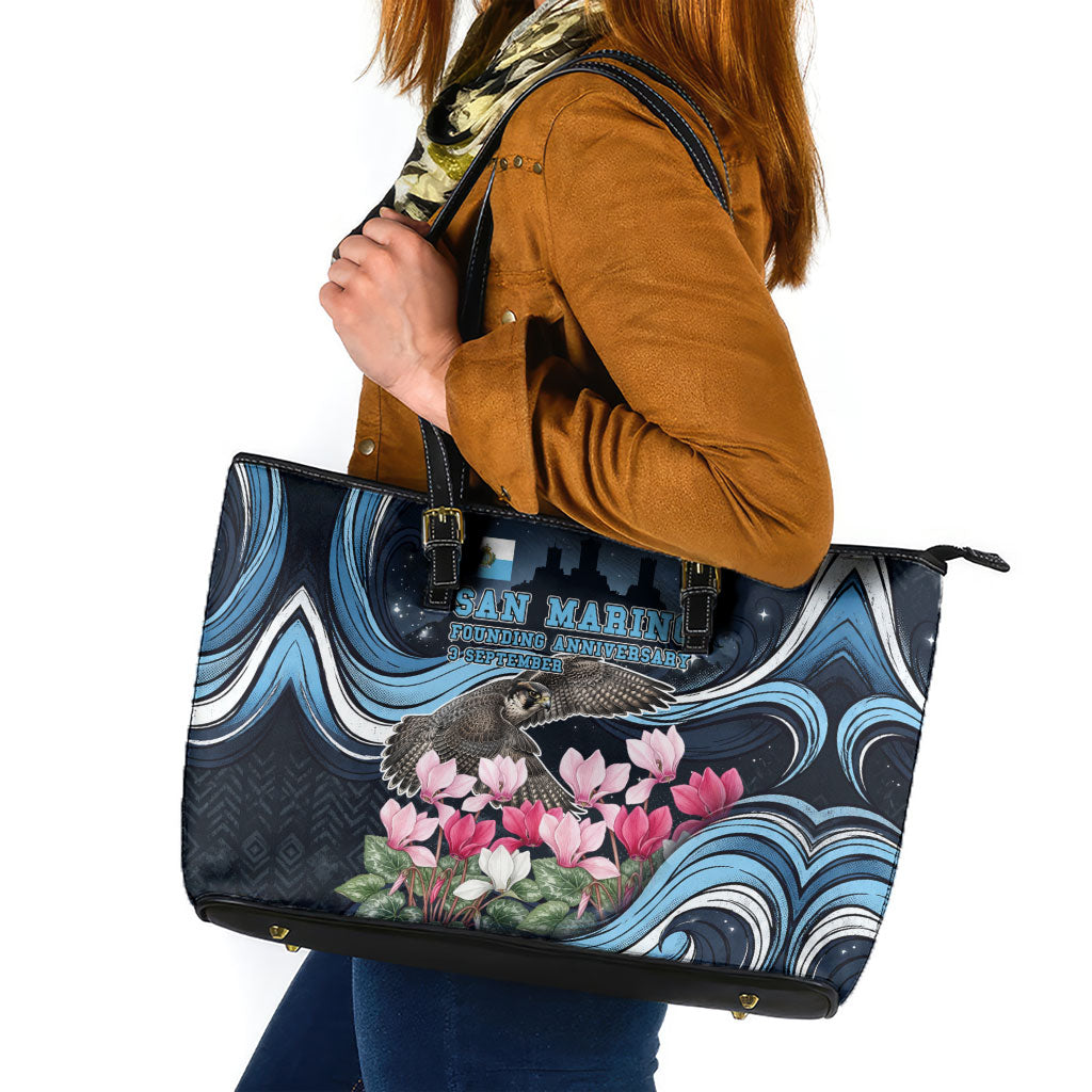 San Marino Founding Anniversary Leather Tote Bag Freedom Peregrine Falcon - Cyclamen Flowers Towers Flag