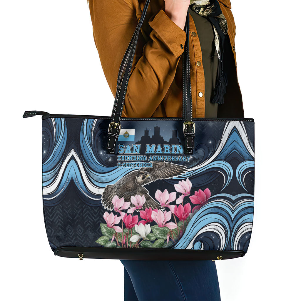 San Marino Founding Anniversary Leather Tote Bag Freedom Peregrine Falcon - Cyclamen Flowers Towers Flag
