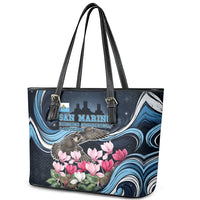 San Marino Founding Anniversary Leather Tote Bag Freedom Peregrine Falcon - Cyclamen Flowers Towers Flag