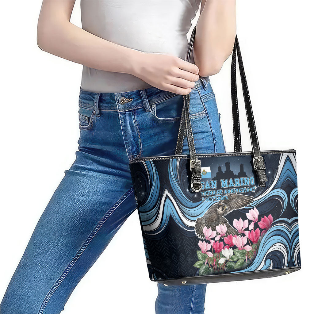 San Marino Founding Anniversary Leather Tote Bag Freedom Peregrine Falcon - Cyclamen Flowers Towers Flag