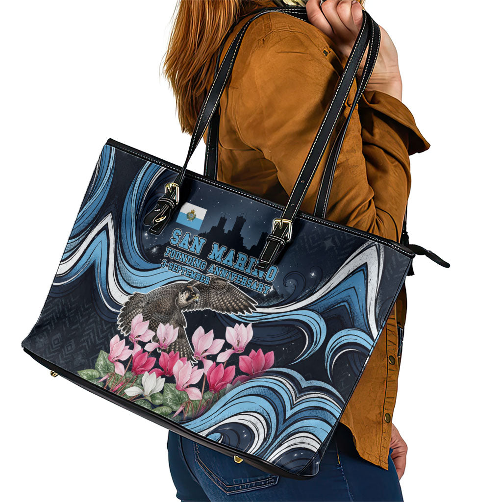 San Marino Founding Anniversary Leather Tote Bag Freedom Peregrine Falcon - Cyclamen Flowers Towers Flag