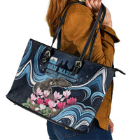 San Marino Founding Anniversary Leather Tote Bag Freedom Peregrine Falcon - Cyclamen Flowers Towers Flag