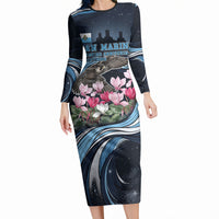 San Marino Founding Anniversary Long Sleeve Bodycon Dress Freedom Peregrine Falcon - Cyclamen Flowers Towers Flag