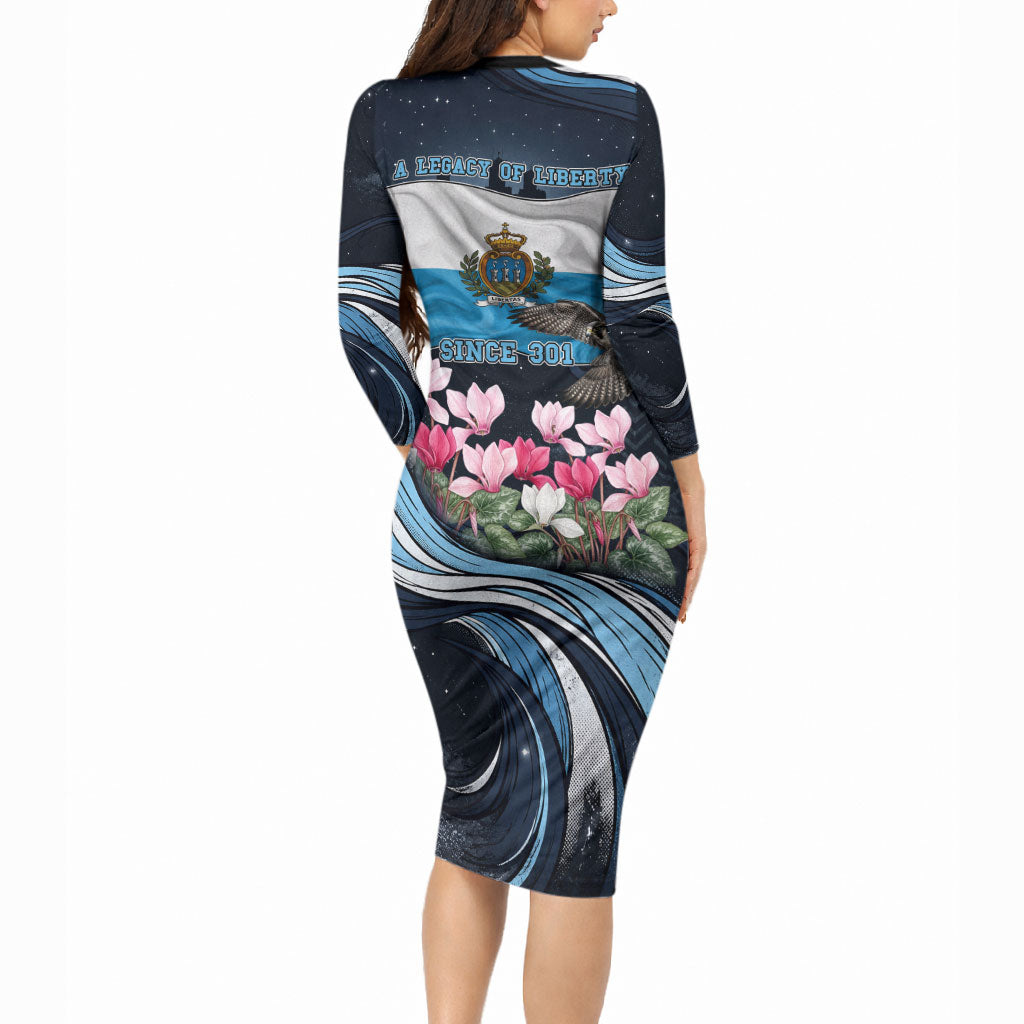 San Marino Founding Anniversary Long Sleeve Bodycon Dress Freedom Peregrine Falcon - Cyclamen Flowers Towers Flag