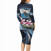 San Marino Founding Anniversary Long Sleeve Bodycon Dress Freedom Peregrine Falcon - Cyclamen Flowers Towers Flag