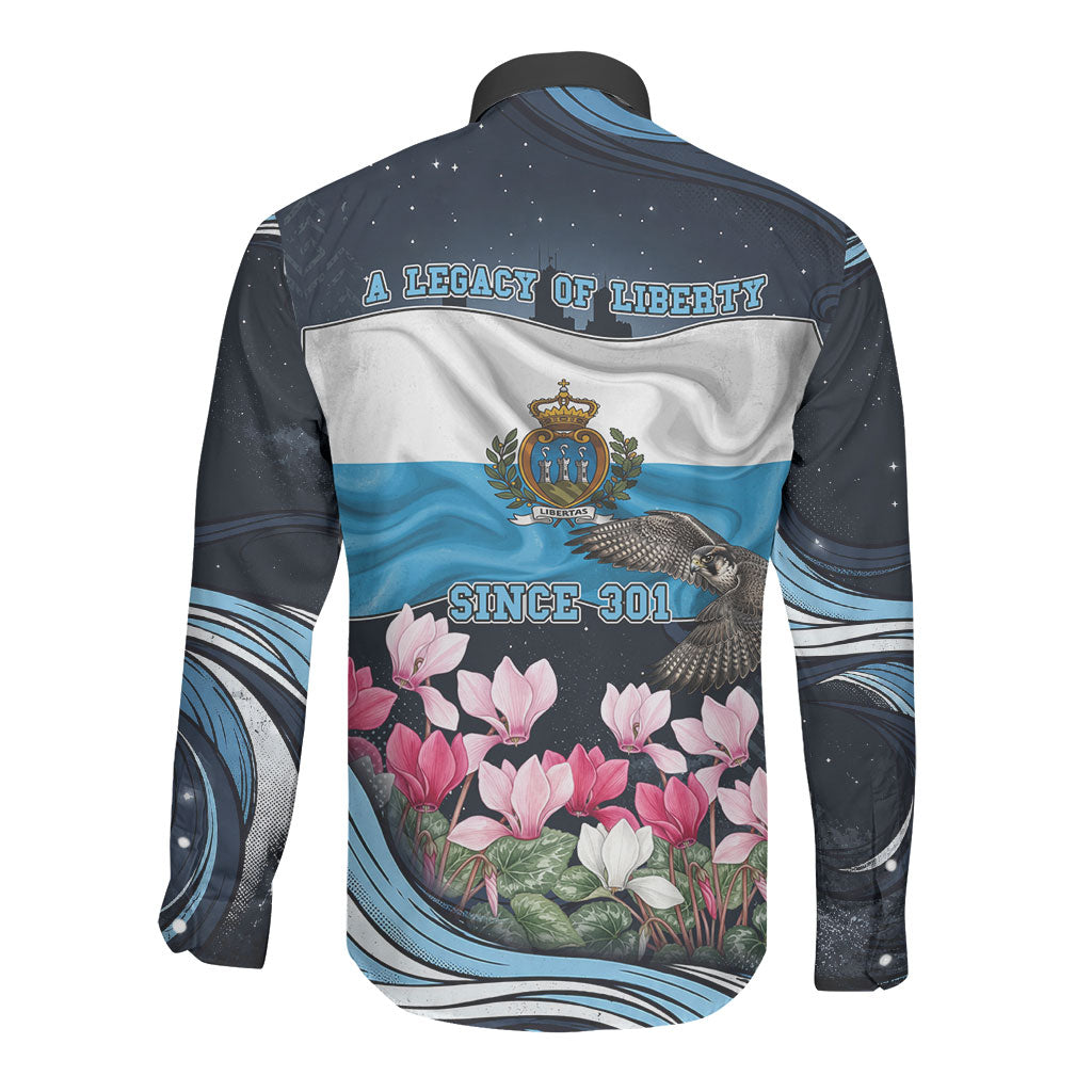 San Marino Founding Anniversary Long Sleeve Button Shirt Freedom Peregrine Falcon - Cyclamen Flowers Towers Flag