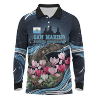 San Marino Founding Anniversary Long Sleeve Polo Shirt Freedom Peregrine Falcon - Cyclamen Flowers Towers Flag