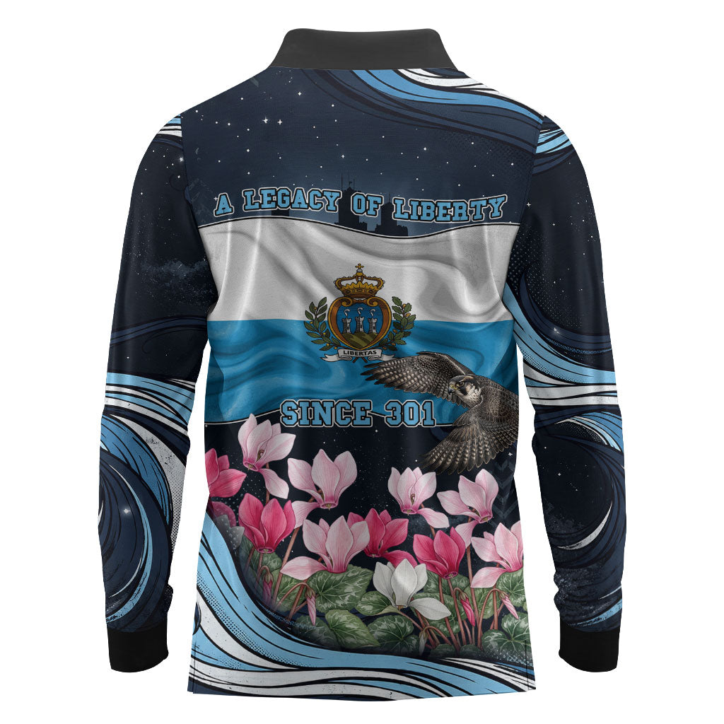 San Marino Founding Anniversary Long Sleeve Polo Shirt Freedom Peregrine Falcon - Cyclamen Flowers Towers Flag
