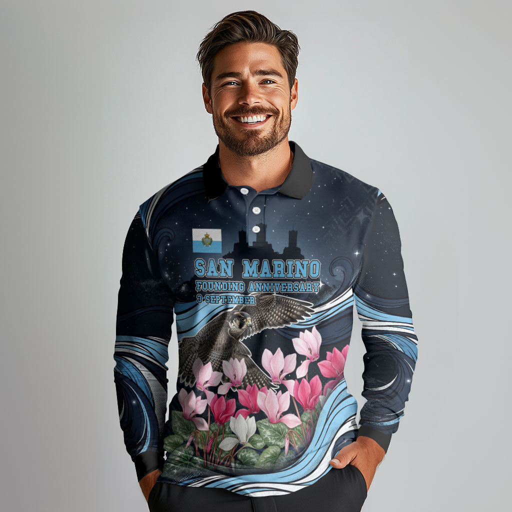 San Marino Founding Anniversary Long Sleeve Polo Shirt Freedom Peregrine Falcon - Cyclamen Flowers Towers Flag