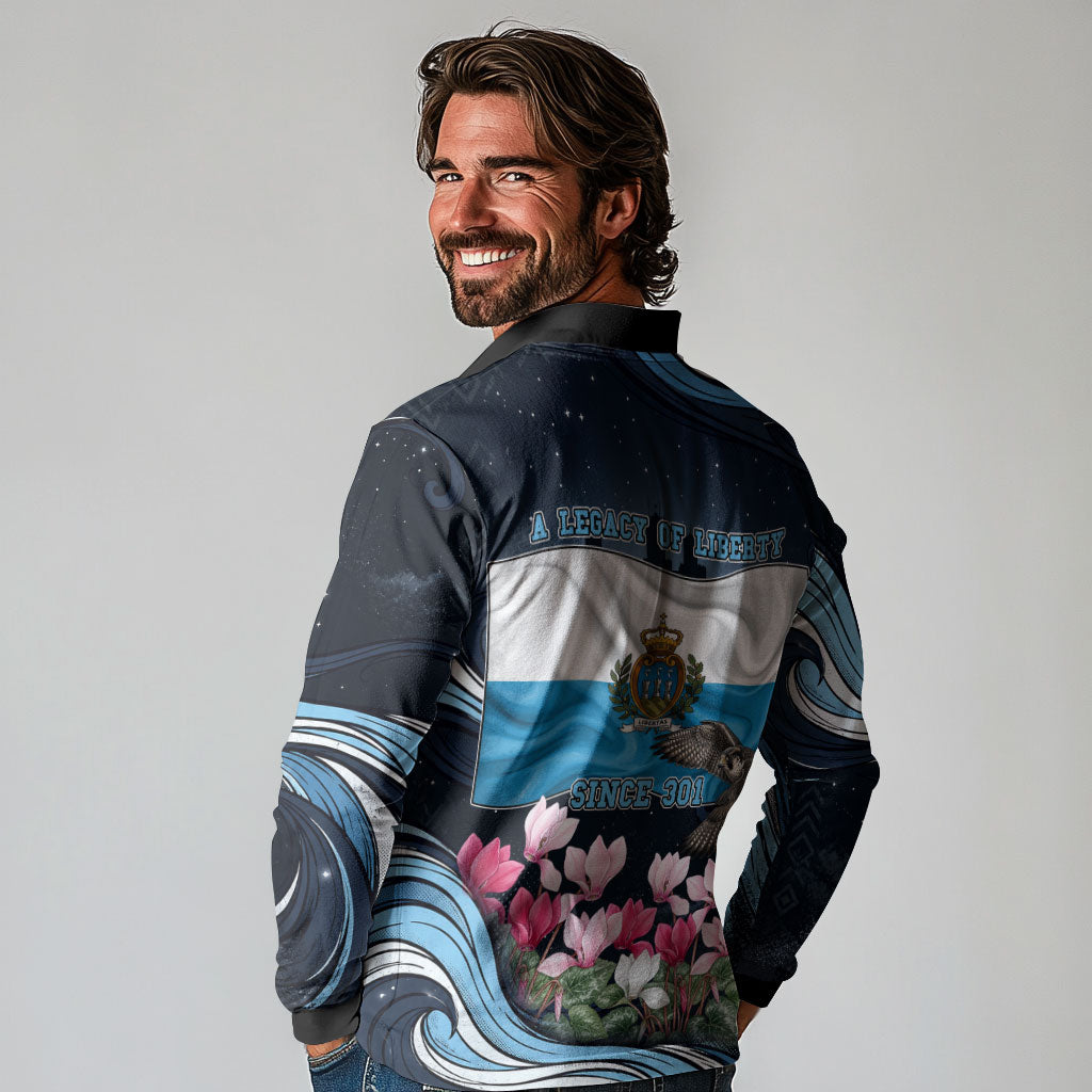 San Marino Founding Anniversary Long Sleeve Polo Shirt Freedom Peregrine Falcon - Cyclamen Flowers Towers Flag
