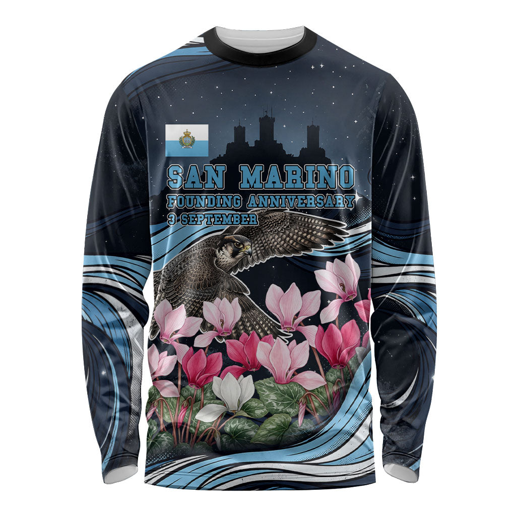 San Marino Founding Anniversary Long Sleeve Shirt Freedom Peregrine Falcon - Cyclamen Flowers Towers Flag