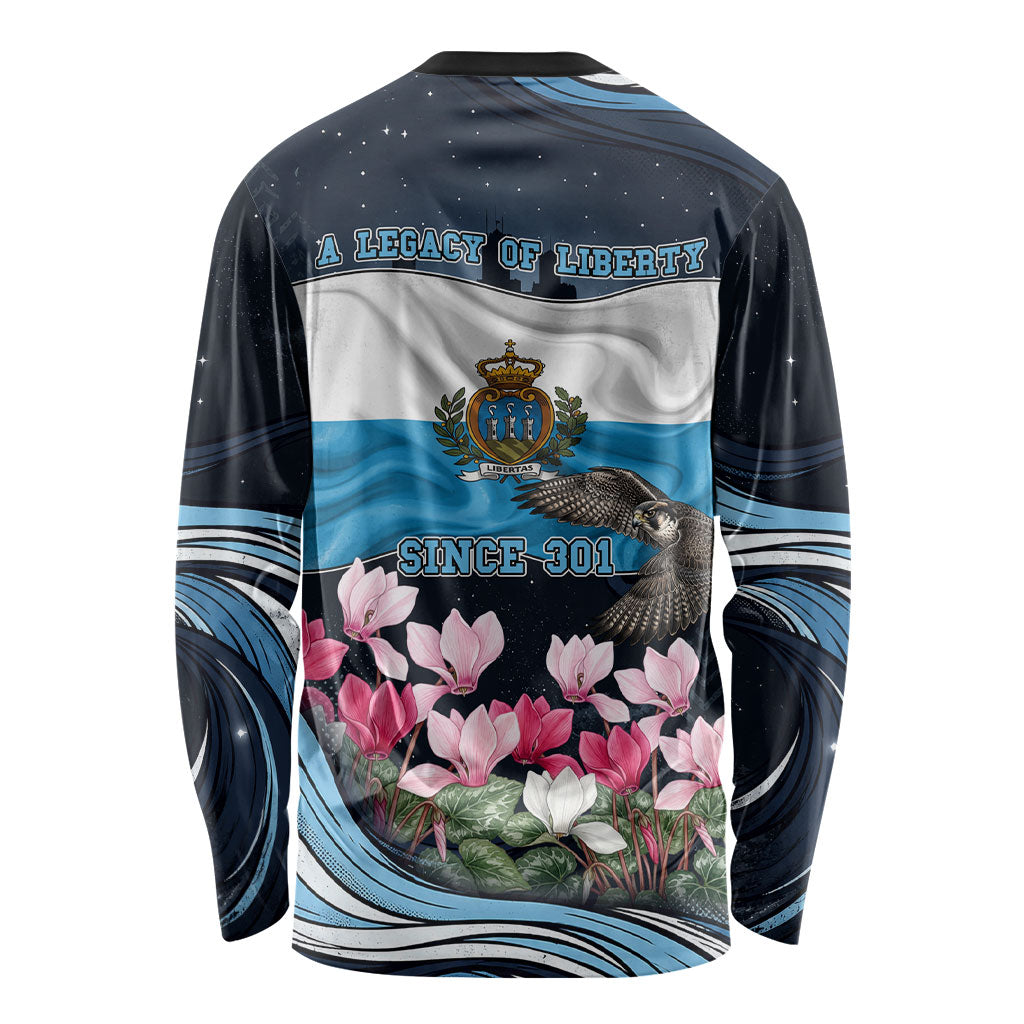 San Marino Founding Anniversary Long Sleeve Shirt Freedom Peregrine Falcon - Cyclamen Flowers Towers Flag