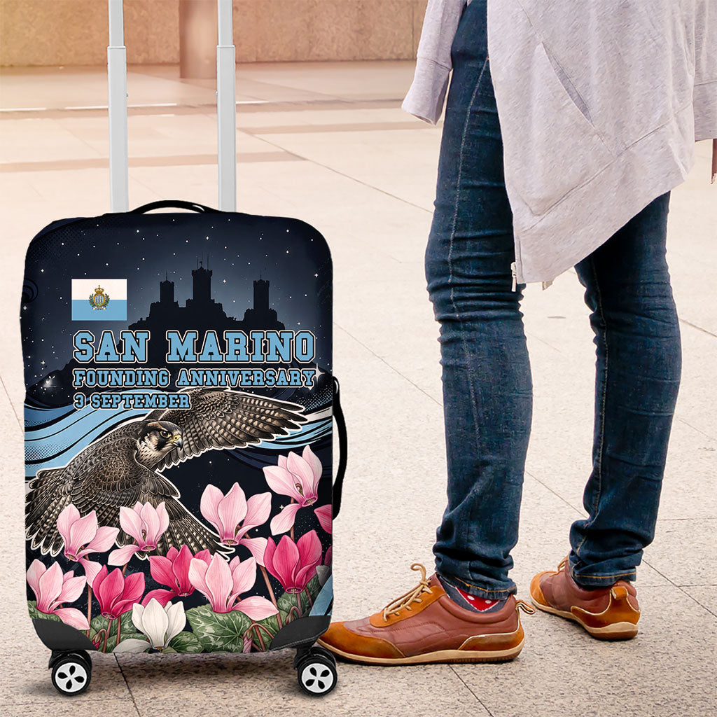 San Marino Founding Anniversary Luggage Cover Freedom Peregrine Falcon - Cyclamen Flowers Towers Flag