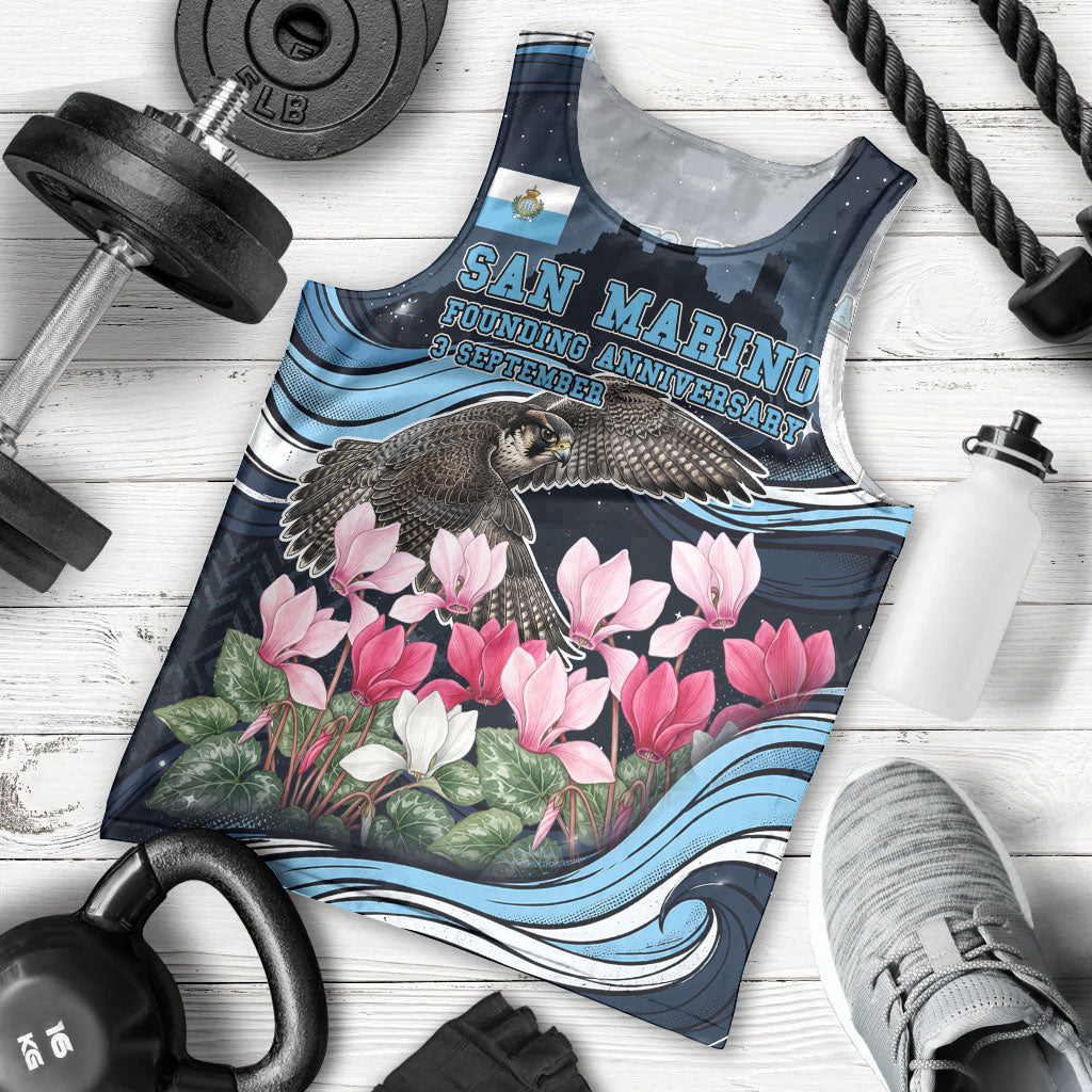San Marino Founding Anniversary Men Tank Top Freedom Peregrine Falcon - Cyclamen Flowers Towers Flag
