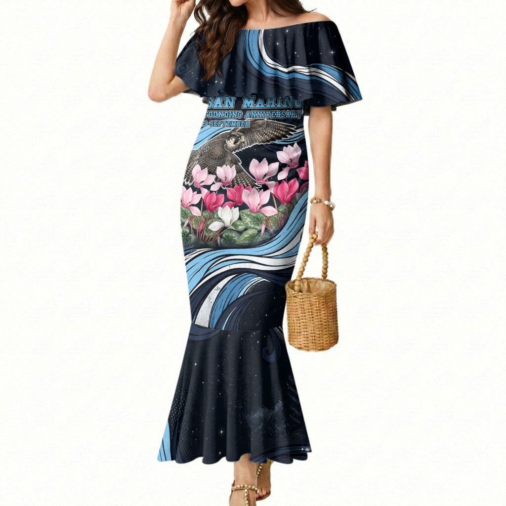 San Marino Founding Anniversary Mermaid Dress Freedom Peregrine Falcon - Cyclamen Flowers Towers Flag