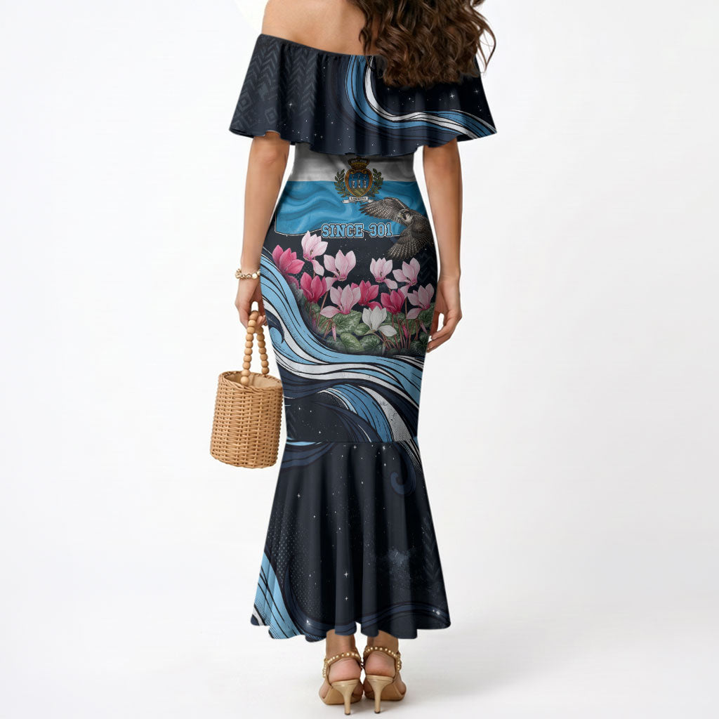 San Marino Founding Anniversary Mermaid Dress Freedom Peregrine Falcon - Cyclamen Flowers Towers Flag