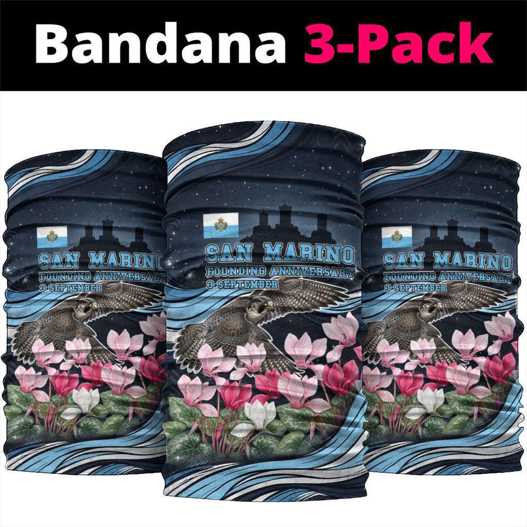 San Marino Founding Anniversary Neck Gaiter Freedom Peregrine Falcon - Cyclamen Flowers Towers Flag
