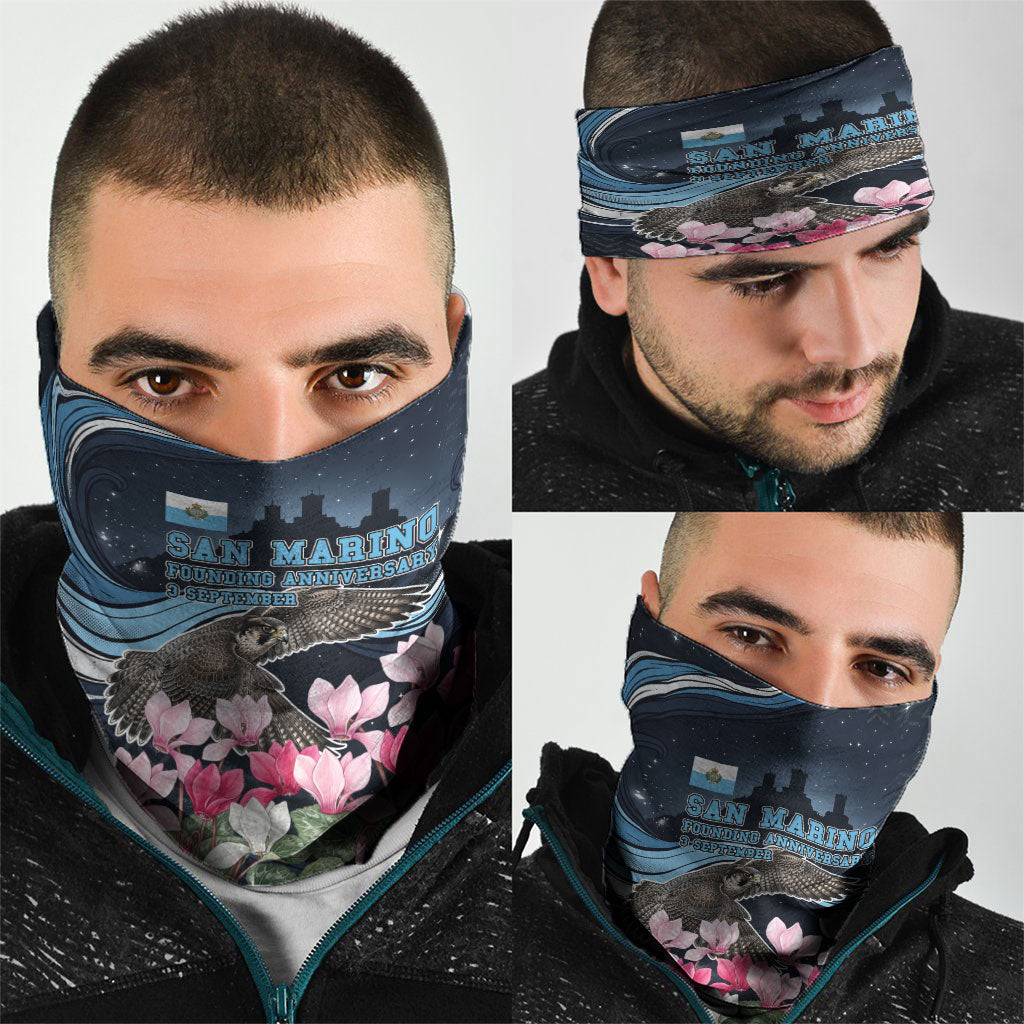 San Marino Founding Anniversary Neck Gaiter Freedom Peregrine Falcon - Cyclamen Flowers Towers Flag