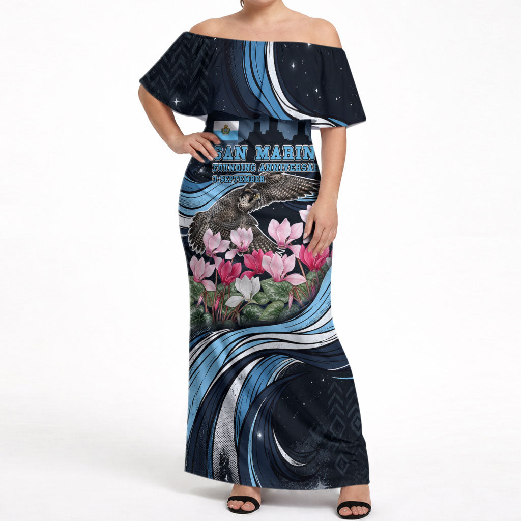 San Marino Founding Anniversary Off Shoulder Maxi Dress Freedom Peregrine Falcon - Cyclamen Flowers Towers Flag
