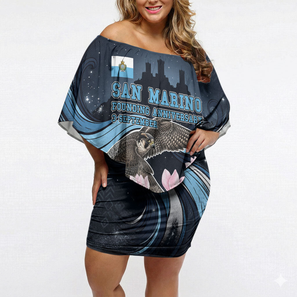 San Marino Founding Anniversary Off Shoulder Short Dress Freedom Peregrine Falcon - Cyclamen Flowers Towers Flag