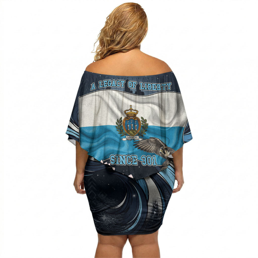 San Marino Founding Anniversary Off Shoulder Short Dress Freedom Peregrine Falcon - Cyclamen Flowers Towers Flag