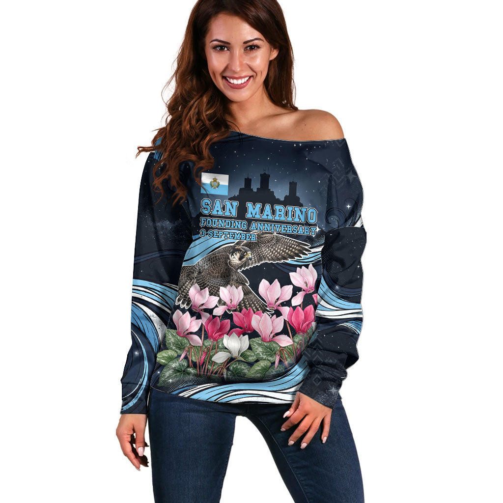San Marino Founding Anniversary Off Shoulder Sweater Freedom Peregrine Falcon - Cyclamen Flowers Towers Flag