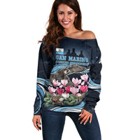 San Marino Founding Anniversary Off Shoulder Sweater Freedom Peregrine Falcon - Cyclamen Flowers Towers Flag