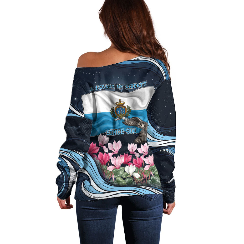 San Marino Founding Anniversary Off Shoulder Sweater Freedom Peregrine Falcon - Cyclamen Flowers Towers Flag
