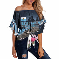 San Marino Founding Anniversary Off Shoulder Wrap Waist Top Freedom Peregrine Falcon - Cyclamen Flowers Towers Flag